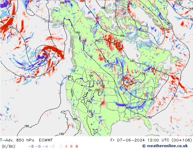 T-Adv. 850 hPa ECMWF Fr 07.06.2024 12 UTC