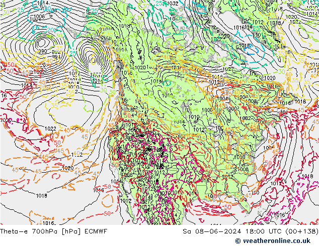 Theta-e 700hPa ECMWF sáb 08.06.2024 18 UTC