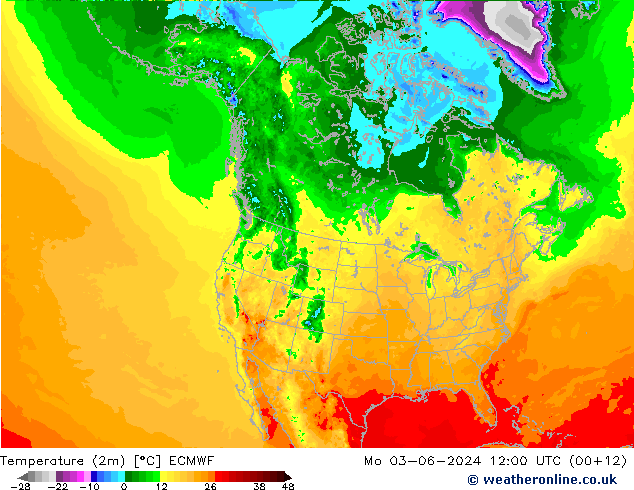 Temperaturkarte (2m) ECMWF Mo 03.06.2024 12 UTC