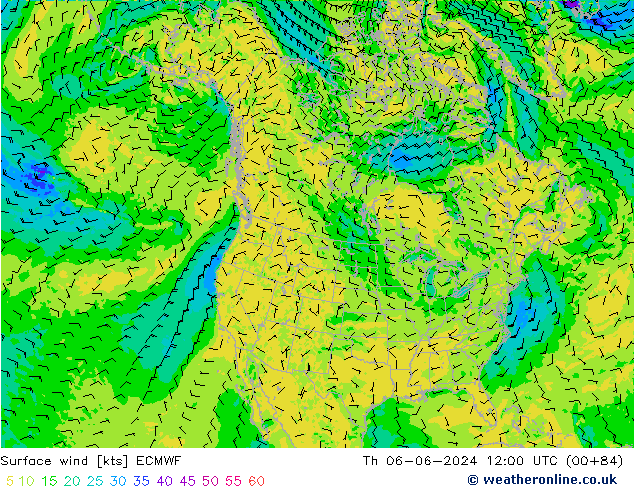 Vento 10 m ECMWF gio 06.06.2024 12 UTC