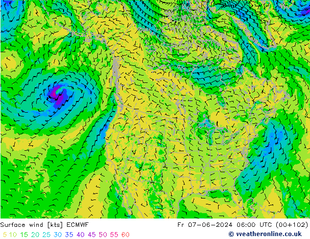 wiatr 10 m ECMWF pt. 07.06.2024 06 UTC