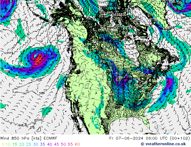 Rüzgar 850 hPa ECMWF Cu 07.06.2024 06 UTC