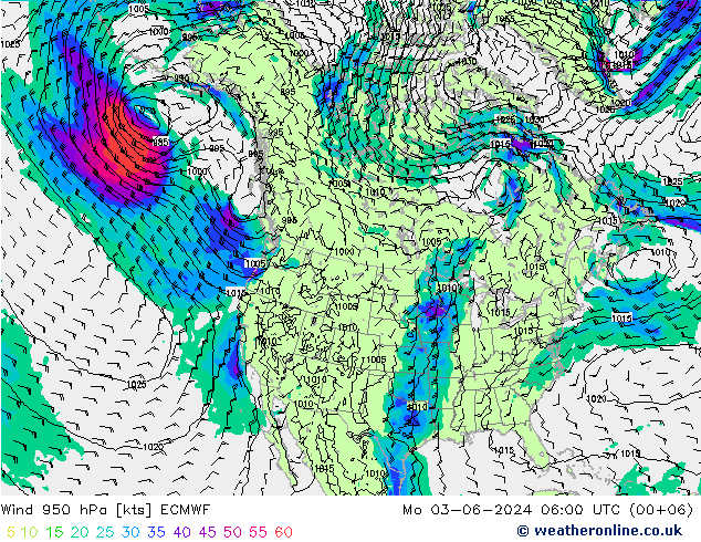 wiatr 950 hPa ECMWF pon. 03.06.2024 06 UTC