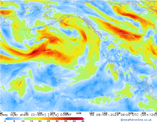 Deep layer shear (0-6km) ECMWF Sa 08.06.2024 06 UTC