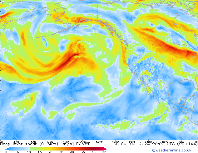 Deep layer shear (0-6km) ECMWF dom 09.06.2024 00 UTC