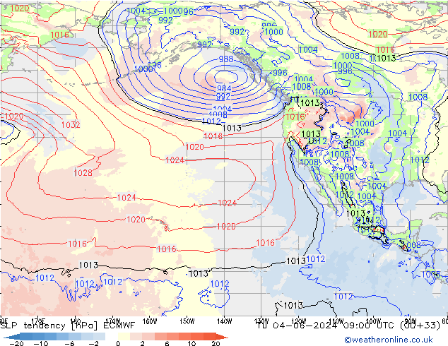 SLP tendency ECMWF Út 04.06.2024 09 UTC