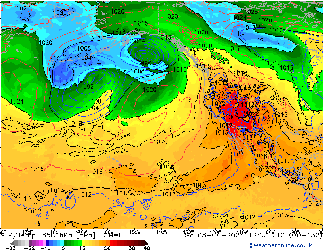 SLP/Temp. 850 hPa ECMWF  08.06.2024 12 UTC