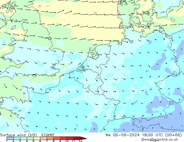 wiatr 10 m (bft) ECMWF śro. 05.06.2024 18 UTC