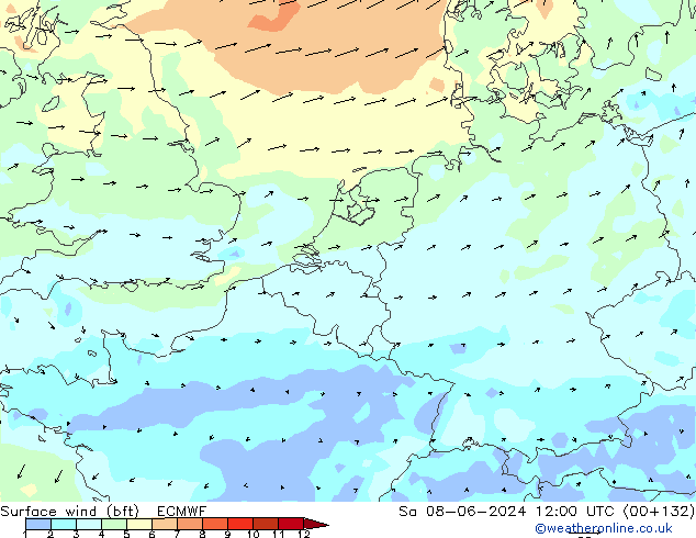 Vento 10 m (bft) ECMWF Sáb 08.06.2024 12 UTC