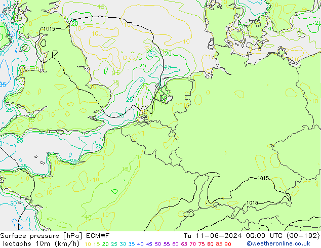 Isotachen (km/h) ECMWF Di 11.06.2024 00 UTC