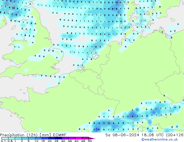 Totale neerslag (12h) ECMWF za 08.06.2024 06 UTC