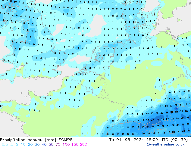 Precipitation accum. ECMWF Út 04.06.2024 15 UTC