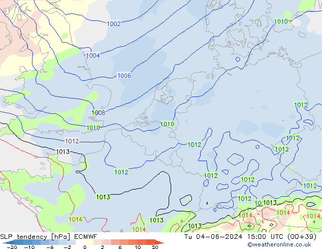 SLP tendency ECMWF Út 04.06.2024 15 UTC