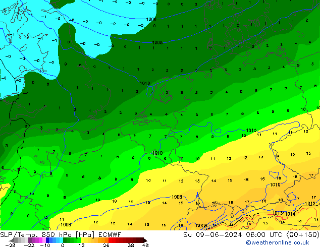 SLP/Temp. 850 hPa ECMWF dom 09.06.2024 06 UTC