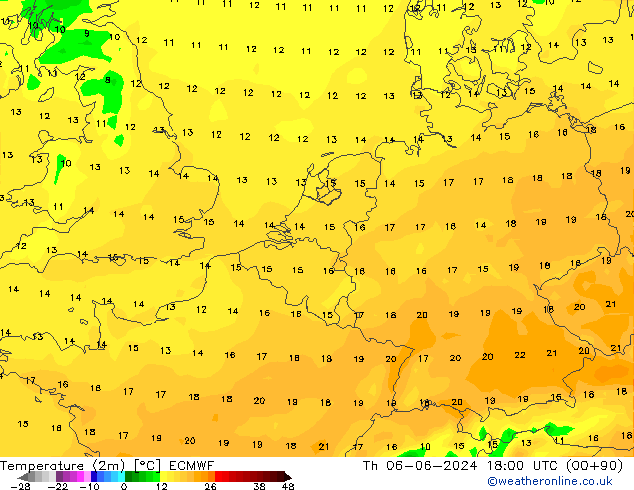 Temperaturkarte (2m) ECMWF Do 06.06.2024 18 UTC