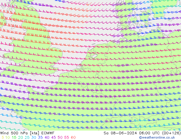 Wind 500 hPa ECMWF Sa 08.06.2024 06 UTC