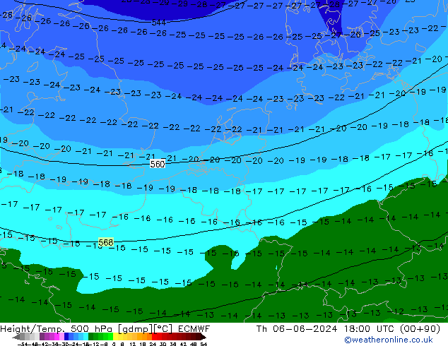 Z500/Rain (+SLP)/Z850 ECMWF Čt 06.06.2024 18 UTC