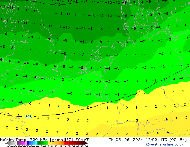 Height/Temp. 700 hPa ECMWF Qui 06.06.2024 12 UTC