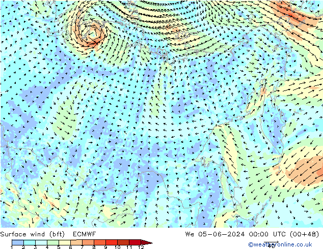 Surface wind (bft) ECMWF St 05.06.2024 00 UTC