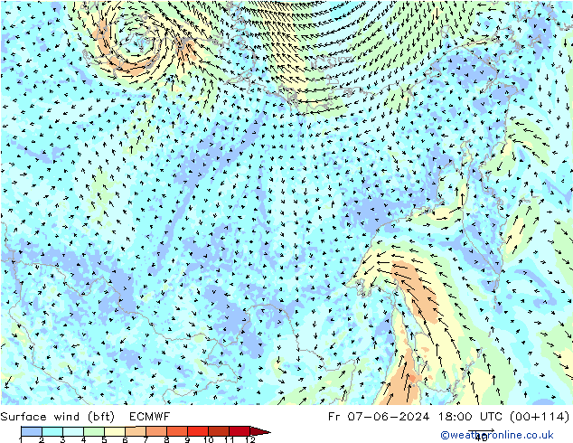 Vent 10 m (bft) ECMWF ven 07.06.2024 18 UTC