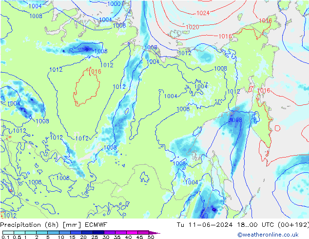 Precipitazione (6h) ECMWF mar 11.06.2024 00 UTC