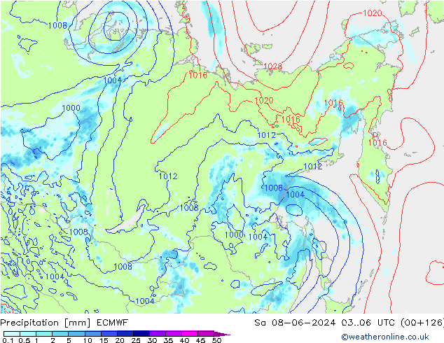 Srážky ECMWF So 08.06.2024 06 UTC