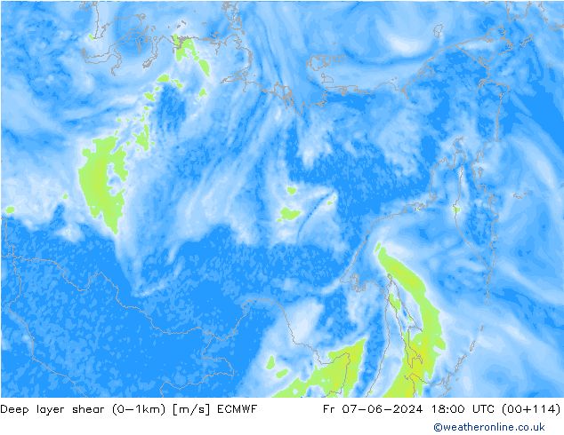 Deep layer shear (0-1km) ECMWF ven 07.06.2024 18 UTC