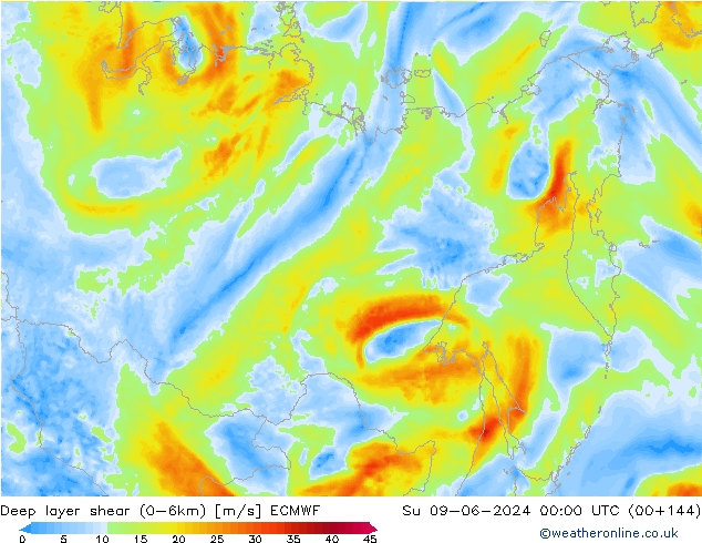 Deep layer shear (0-6km) ECMWF Dom 09.06.2024 00 UTC