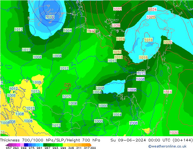 Espesor 700-1000 hPa ECMWF dom 09.06.2024 00 UTC