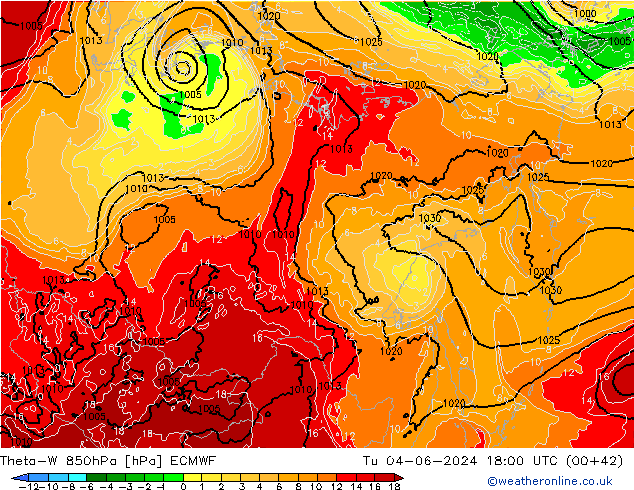 Theta-W 850hPa ECMWF Tu 04.06.2024 18 UTC