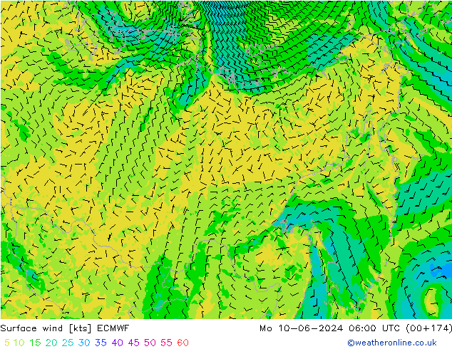 Surface wind ECMWF Mo 10.06.2024 06 UTC