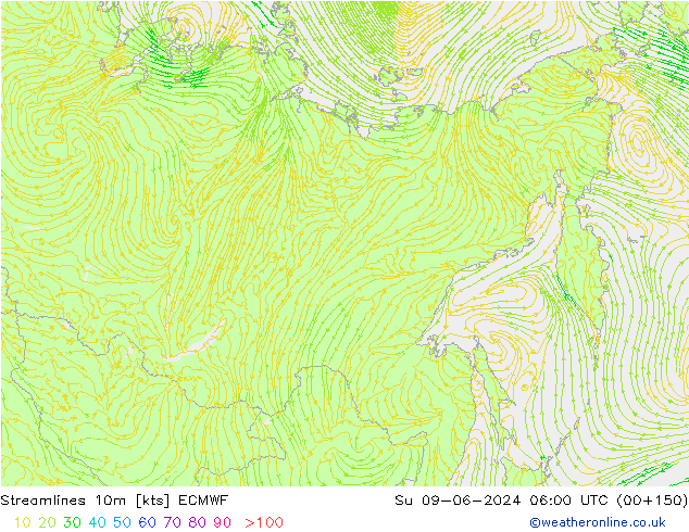 Linia prądu 10m ECMWF nie. 09.06.2024 06 UTC