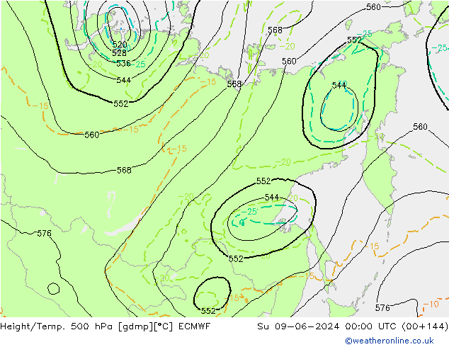 Z500/Regen(+SLP)/Z850 ECMWF zo 09.06.2024 00 UTC