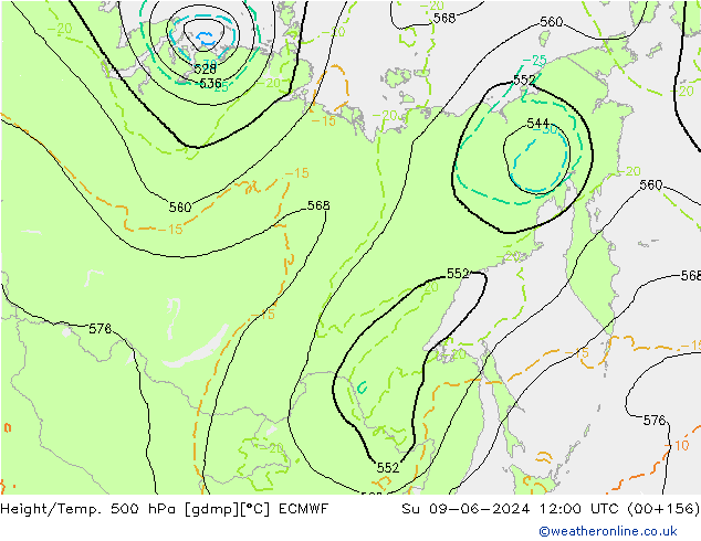 Height/Temp. 500 hPa ECMWF Su 09.06.2024 12 UTC