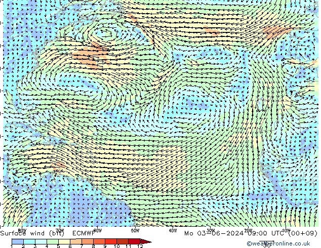 Viento 10 m (bft) ECMWF lun 03.06.2024 09 UTC