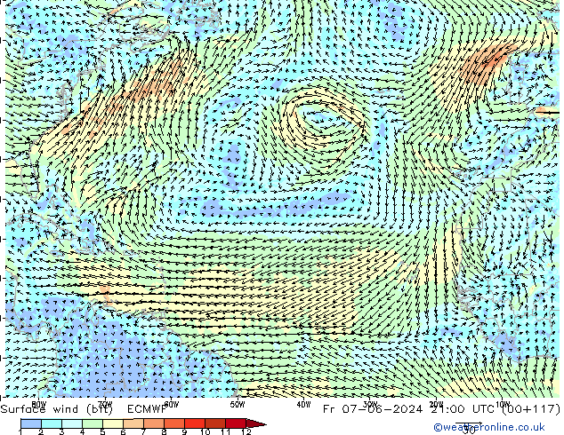 Surface wind (bft) ECMWF Fr 07.06.2024 21 UTC