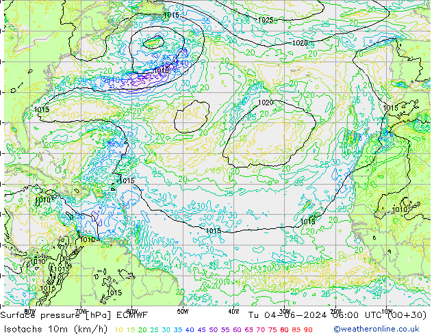 Isotachs (kph) ECMWF Tu 04.06.2024 06 UTC