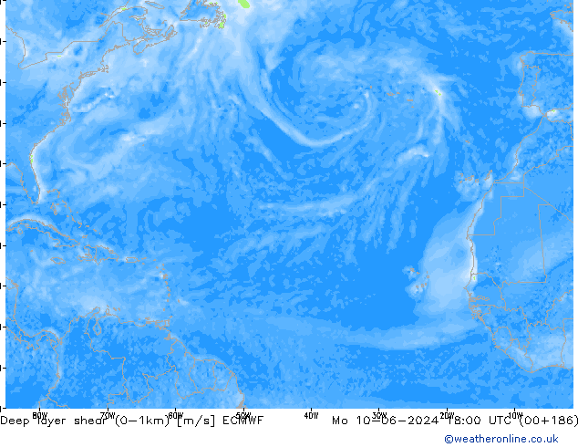 Deep layer shear (0-1km) ECMWF Mo 10.06.2024 18 UTC