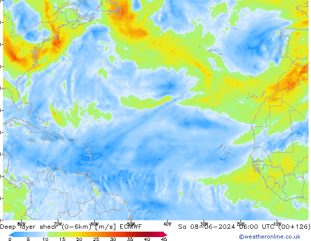 Deep layer shear (0-6km) ECMWF so. 08.06.2024 06 UTC