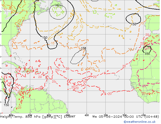 Height/Temp. 850 hPa ECMWF Qua 05.06.2024 00 UTC