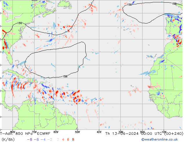 T-Adv. 850 hPa ECMWF Th 13.06.2024 00 UTC