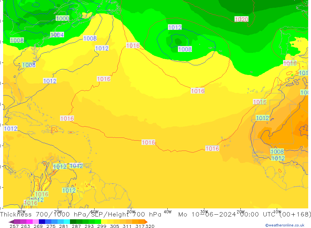 Dikte700-1000 hPa ECMWF ma 10.06.2024 00 UTC