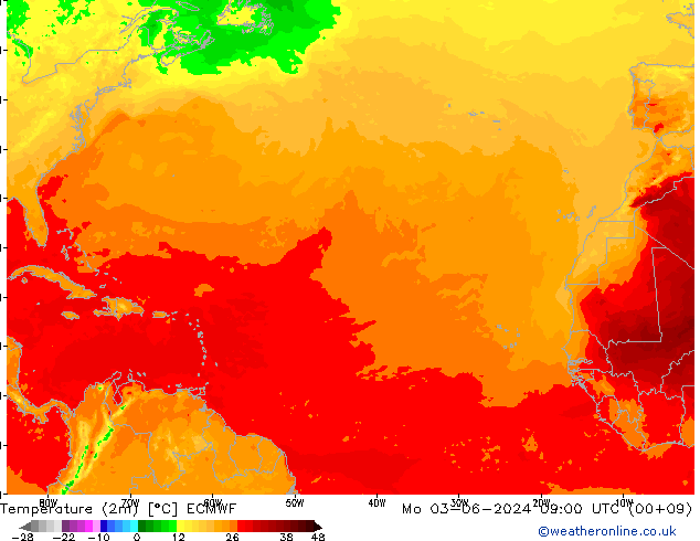 Sıcaklık Haritası (2m) ECMWF Pzt 03.06.2024 09 UTC