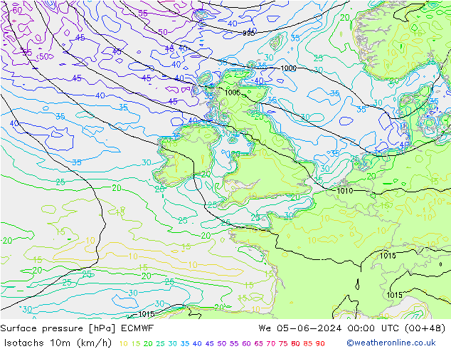 Eşrüzgar Hızları (km/sa) ECMWF Çar 05.06.2024 00 UTC