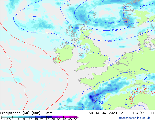 Precipitación (6h) ECMWF dom 09.06.2024 00 UTC