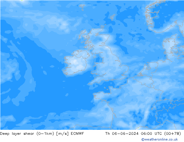 Deep layer shear (0-1km) ECMWF Čt 06.06.2024 06 UTC