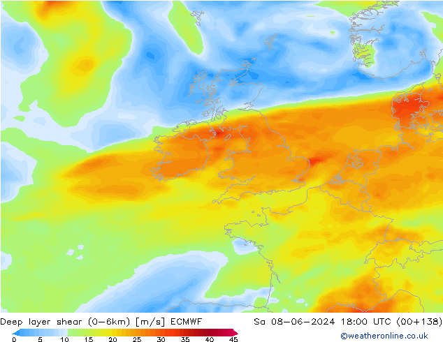 Deep layer shear (0-6km) ECMWF Sa 08.06.2024 18 UTC