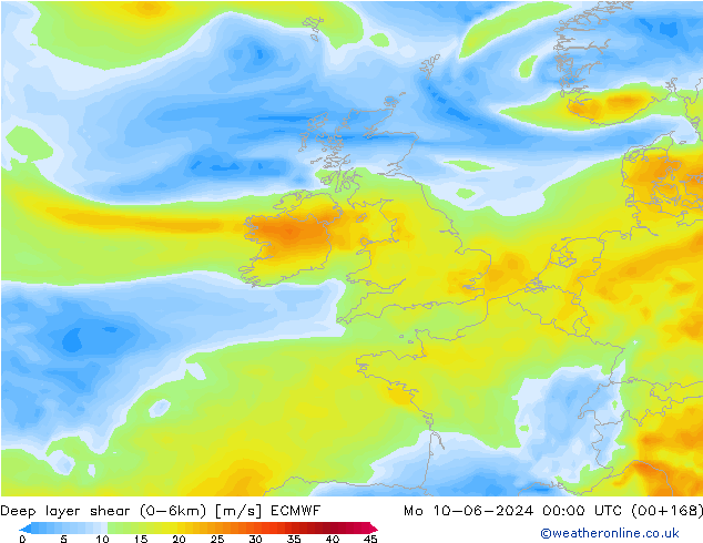 Deep layer shear (0-6km) ECMWF Mo 10.06.2024 00 UTC