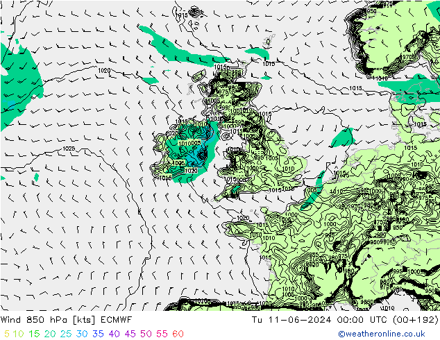 wiatr 850 hPa ECMWF wto. 11.06.2024 00 UTC