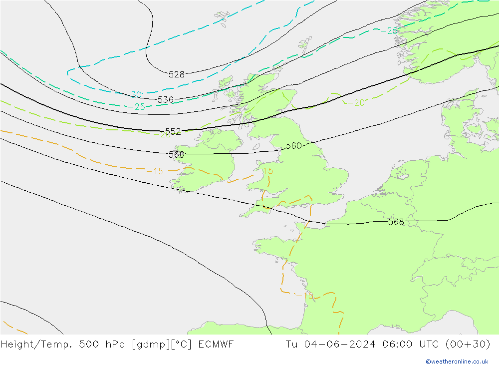 Z500/Rain (+SLP)/Z850 ECMWF Út 04.06.2024 06 UTC